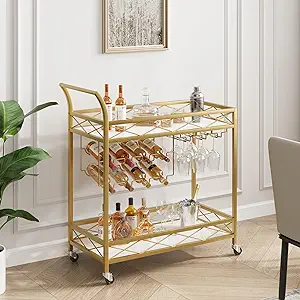 Wood & Glass Gold Finish Bar Cart 